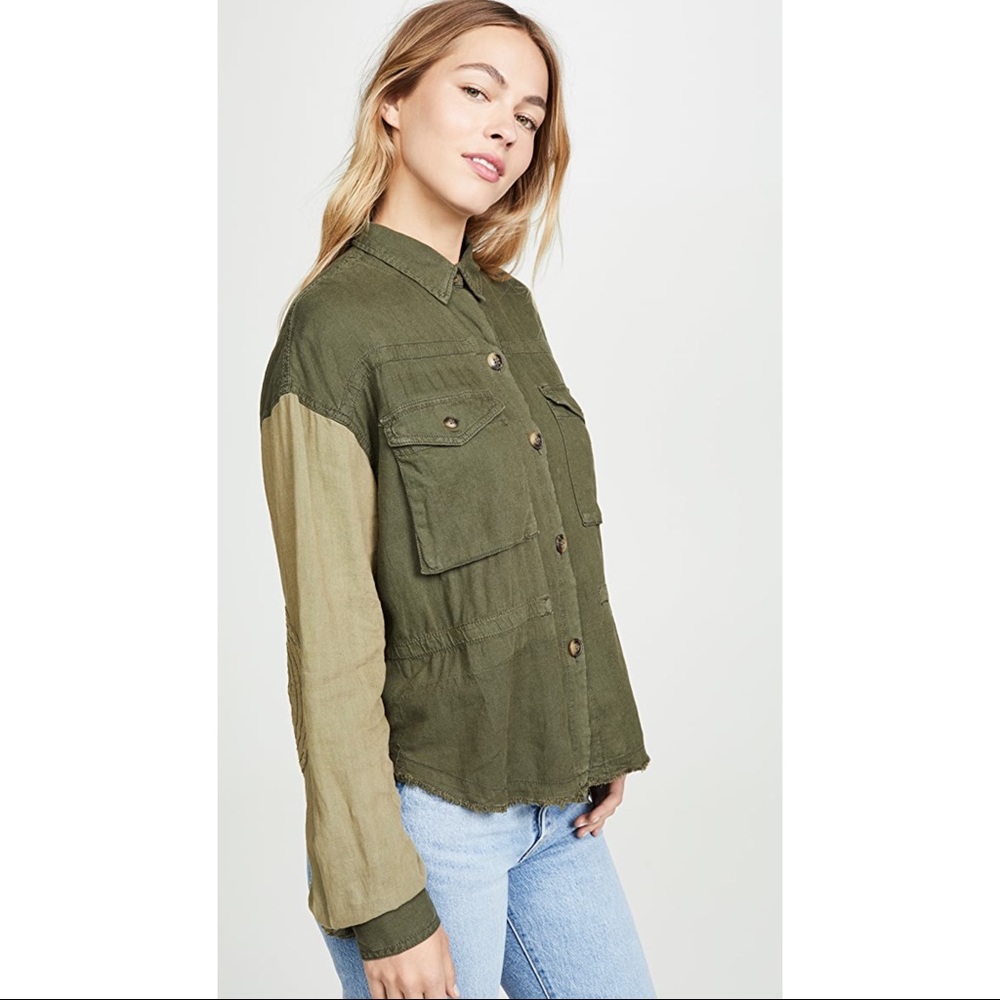 Free People Day Drifter Utility Button Down Long Sleeve Linen Shirt Green NEW